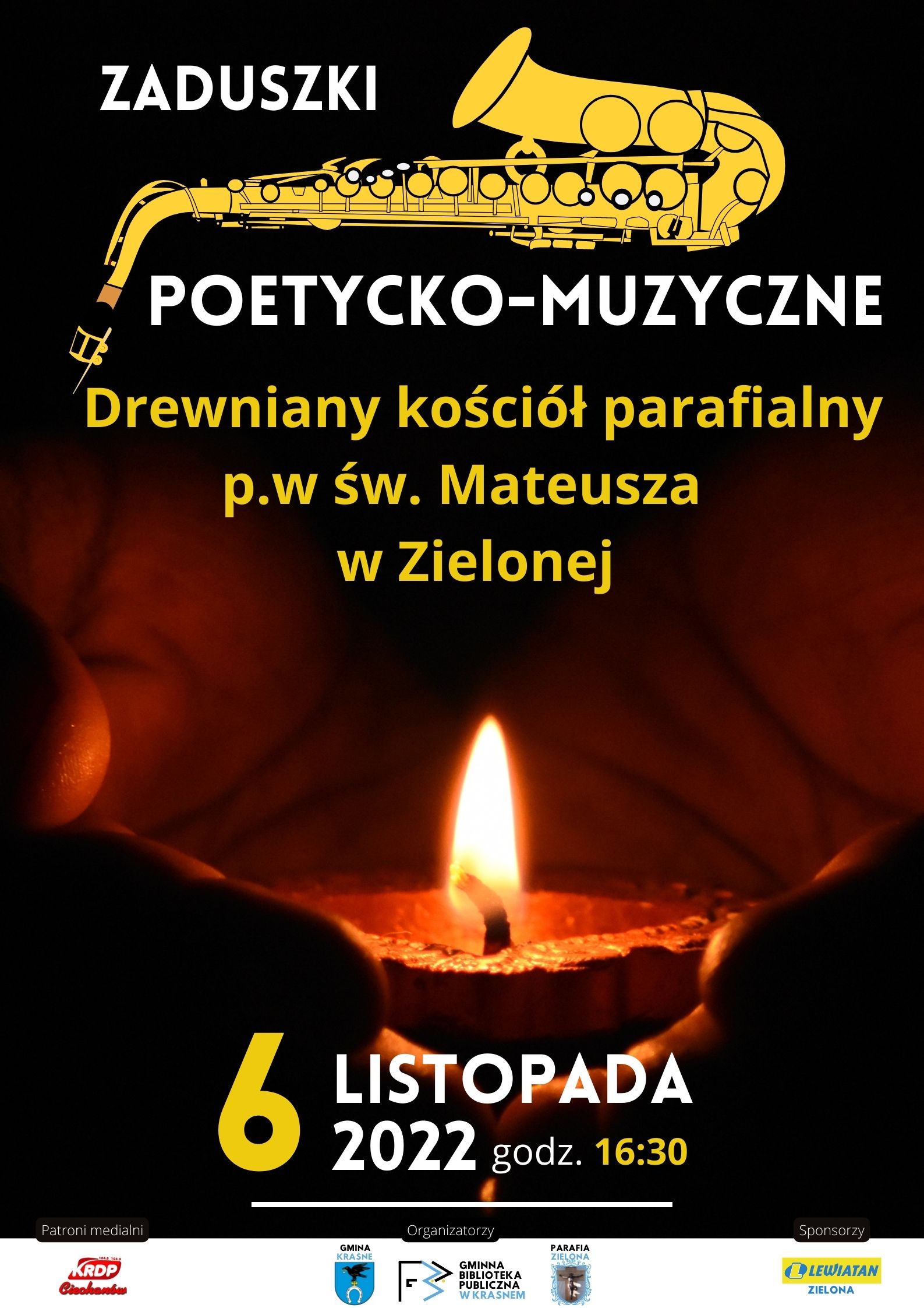 Znicz, dłonie, płomień, saksofon, Zaduszki Poetycko Muzyczne 6 listopada godz. 16:30